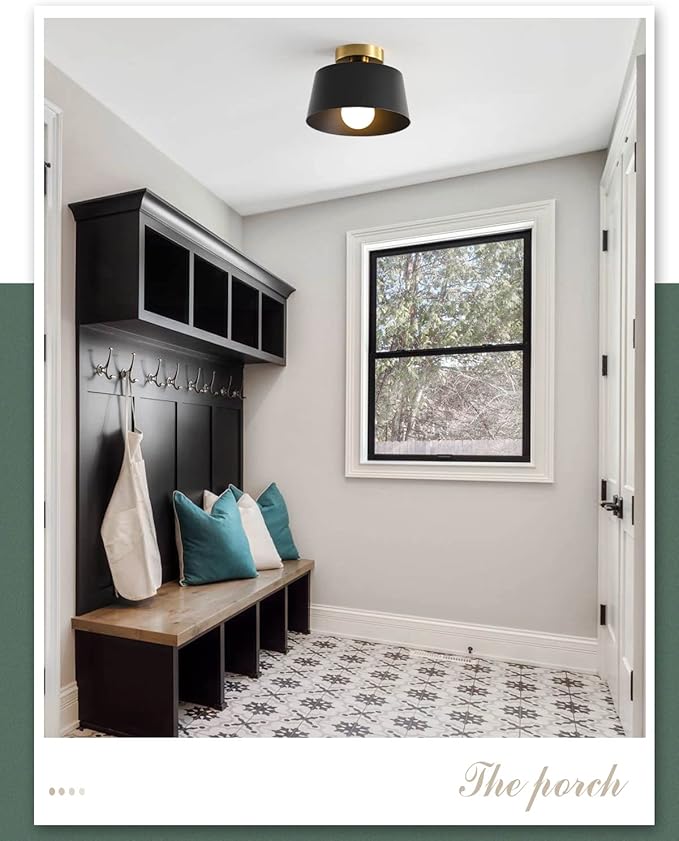 Ceiling Light Fixture, Hallway Ceiling Light with Gold Plate and Matte Black Shade, Modern Simple Style Porch Light Fixtures Semi Flush Mount (Black)