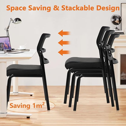 CLATINA Stackable Waiting Room Chair with Adjustable Mesh Backrest, Armless Office Guest Reception Chairs with Leather Cushion and Ergonomic Lumbar Support for Conference Lobby Side School, 8PK, Black