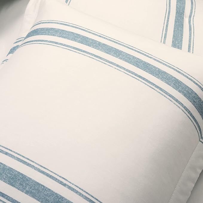 Lush Decor Farmhouse Stripe Reversible Cotton Comforter Set, 3 Piece Set, Full/ Queen, Blue - Cozy F𝐚rmhouse Bedding Set - Rustic Decor - Striped Comforter - Modern Farmho𝐮se Bedroom Decor