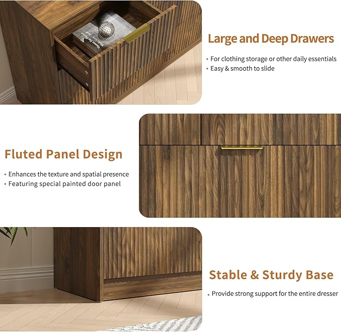 Walnut Fluted 7 Drawer Dresser Bedroom,55” Wide Mid Century Wood Dresser with Gold Handles, Chest of Drawer Wooden TV Stand for Closet,Bedroom,Living Room,Walnut
