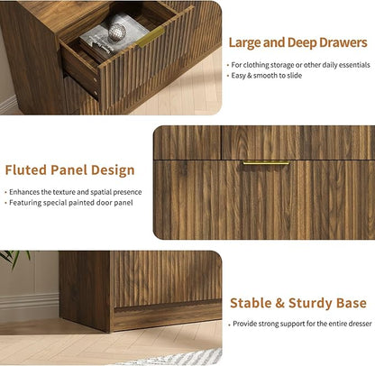 Walnut Fluted 7 Drawer Dresser Bedroom,55” Wide Mid Century Wood Dresser with Gold Handles, Chest of Drawer Wooden TV Stand for Closet,Bedroom,Living Room,Walnut