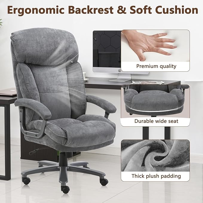 CLATINA Big and Tall Executive Office Chair, Extra Wide Seat, 800 LBS Capacity Heavy Duty Ergonomic Cloth Desk Chair with Wheels and Padded Armrests, High Back Fabric Computer Task Chair, Grey