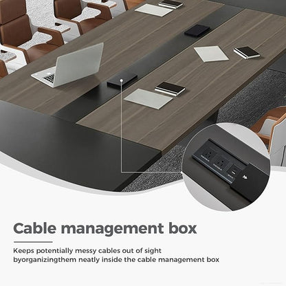 Modern Conference Table with Cable Management, Thickened Top & Trapezoidal Legs – Office Meeting Table for Executive Workspaces (Oak+Gray, 138" L