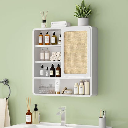 Wall Bathroom Cabinet with Flax Sliding Door, Wood Medicine Cabinet with Adjustable Shelf, Hanging Cabinet for Bathroom, Livingroom (White-1)