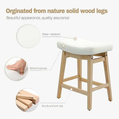 Counter Height Bar Stools Set of 3 for Kitchen Island Modern Barstools with Upholstered Faux Leather Backless Seat and Solid Wood Legs, 24 inch Farmhouse Bar Chairs, White