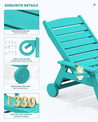 SERWALL Patio Chaise Lounge Chair, 78'' Long HDPE 5 Positions Adjustable Outdoor Lounger, Poly Lounge Chair with Rolling Wheels & Cup Holder for Pool, Aqua Blue