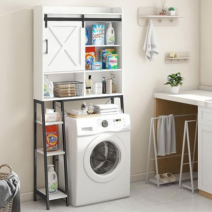 Over The Toilet Storage Cabinet, Farmhouse Storage Cabinet Over Toilet with Sliding Barn Door,Home Space-Saving Toilet Rack, for Bathroom, Restroom, Laundry.(White)