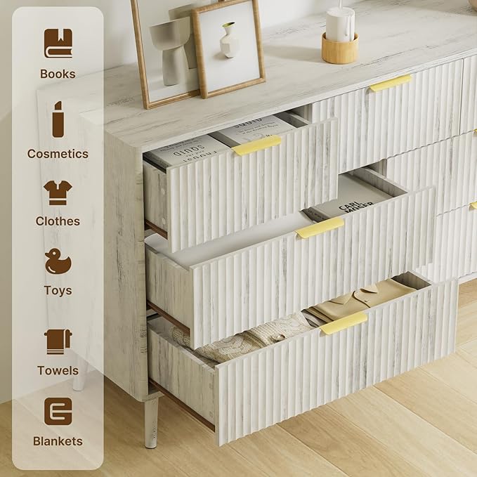 LYNSOM Fluted Dresser and Nightstand Sets 2 Piece, 2-Drawer Nightstands and 7-Drawers Dresser, Wood Bedroom Furniture Set for Home, Bedroom, Hallway, White