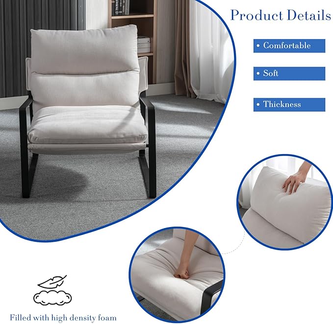 HEAH-YO Modern Accent Chairs Set of 2, Chenille Fabric Living Room Chairs with Removable Cushion and Solid Metal Frame, Comfy Reading Chairs for Bedroom, White