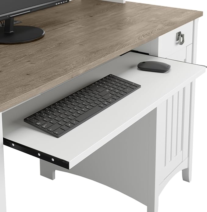 Bush Furniture Salinas Computer Desk with Hutch | Study Table with Drawers, Cabinets & Pullout Keyboard/Laptop Tray | Modern Home Office Desk in Pure White and Shiplap Gray | Work Desk with Storage