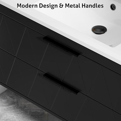 eclife 36" Bathroom Vanities Cabinet with Sink Combo, Wall Mounted Floating Cabinet W/Decor Line, Soft-Close System, 2 Extra Big Drawers, Matte Black Faucet, Black