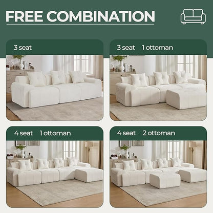 101.65” Modular Sectional Couch for Living Room, 3-Seater Cloud Sofa with Deep Seat, Woven Texture Upholstery Boneless Couch, No Assembly, Beige