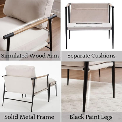 LukeAlon Mid-Century Chenille Accent Chairs with Ottoman Set of 2, Soft Living Room Chairs with Metal Legs Modern Upholstered Armchairs Lounge Chair with Footstool for Bedroom Reading Room, Beige