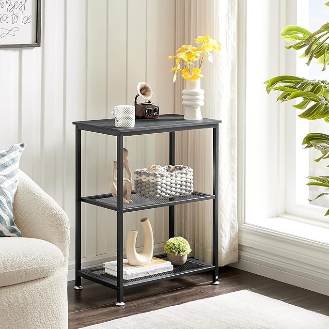 VECELO Tall End Side Tables, 30" Height Nightstand with 3-Tier Storage Shelf for Bedroom Living Room, Easy Assembly,Industrial Style, Carbon Grey