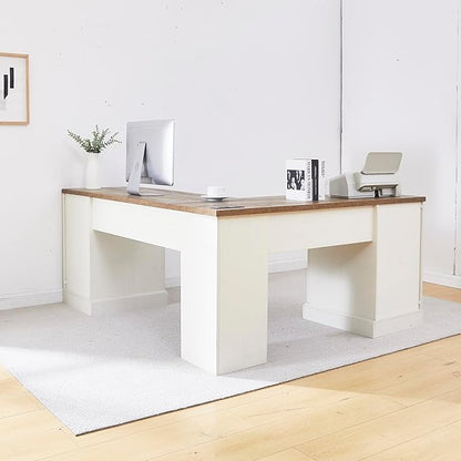 L-Shaped Executive Desk with Keyboard Tray, 69” Farmhouse Corner Desk with Lockable Drawers, Adjustable File Cabinet & Built-in Charging Station, Rustic Home Office Desk (69")