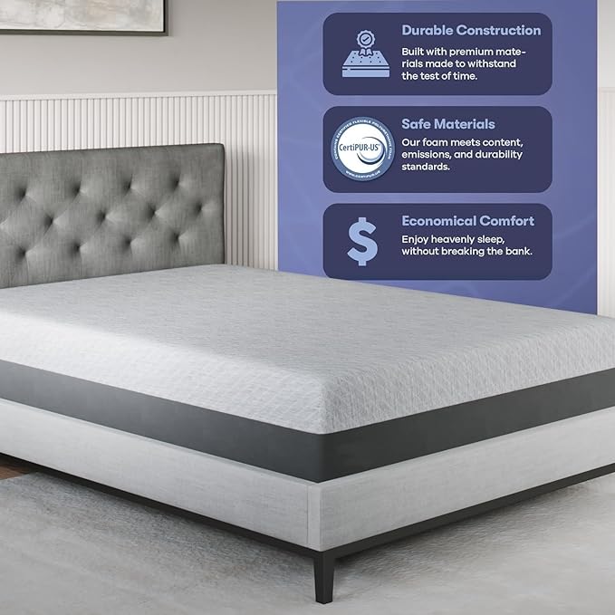 Celestial Sleep Gel Memory Foam Mattress in a Box, Made in The USA, CertiPUR-US® Certified Foam, Oeko-Tex, and Fiberglass-Free Certified Bed, 10 inch Medium - Queen