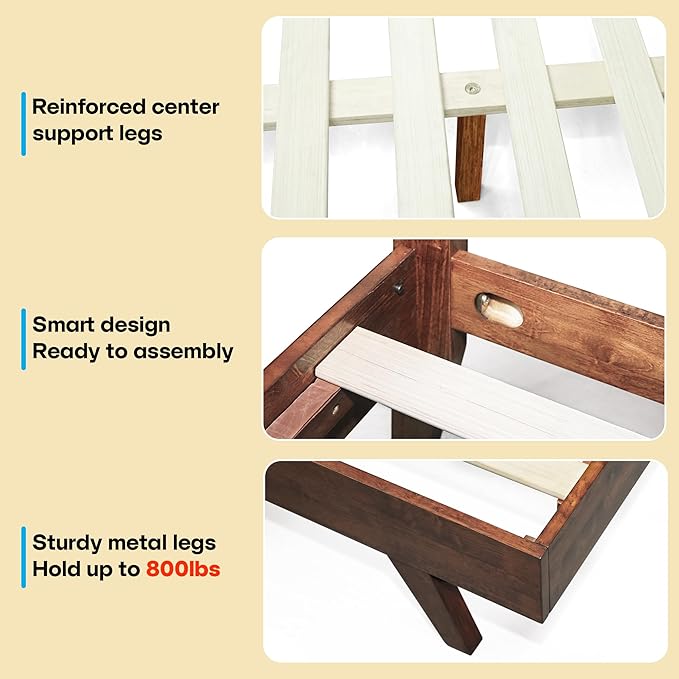 Acacia Harmony Queen Platform Bed Frame – Solid Rubber Wood, Walnut Finish, Mid-Century Style, Unique Wood Grain Pattern, 800lbs Capacity, No Box Spring Required, Easy Setup
