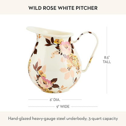 MACKENZIE-CHILDS Enamel Pitcher with Spout, Cute Water Pitcher, 3 Quarts, Wild Rose White