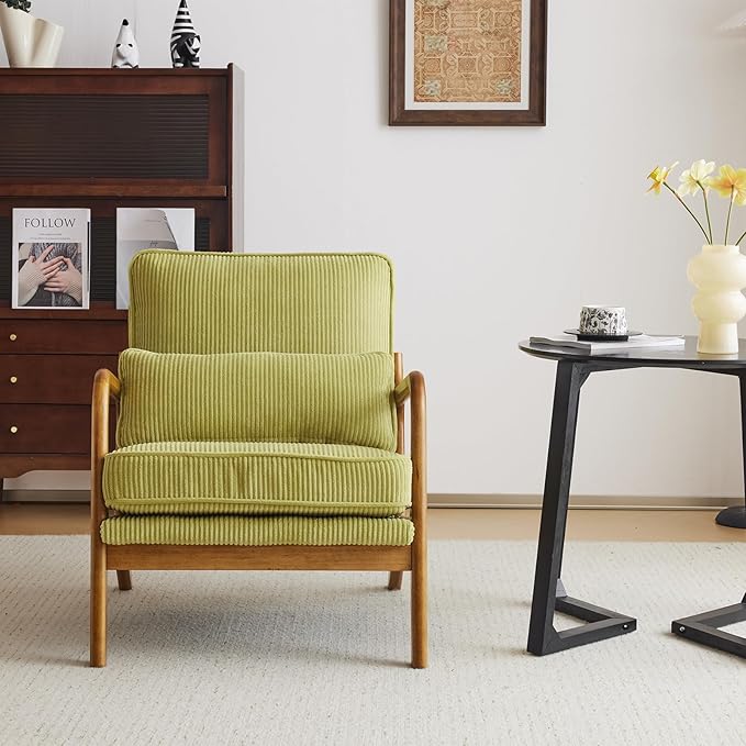 VINGLI Upgraded Premium Corduroy Accent Chairs Set of 2,Upholstered Arm Chair,Solid Wood Comfy Reading Chair with Pillow, Mid Century Modern Chairs for Living Room,Bedroom,Green