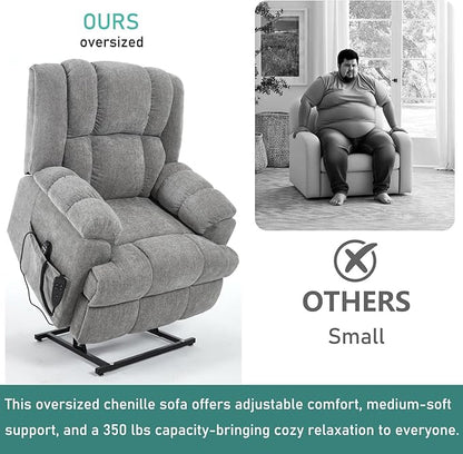 Power Lift Recliner Chair for Elderly, Oversized Chenille Electric Recliners Chairs for Living Room, Dual Motor 180° Lay Flat Recliner Big Sofa with Massage and Heating, Heavy-Duty, Light Grey