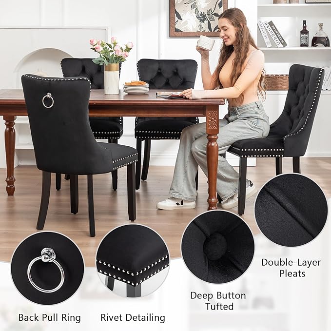 Velvet Dining Chairs Set of 2, Tufted Dining Room Chairs with Nailhead Ring Pull Trim, Upholstered Dining Chairs with Solid Wood Legs for Kitchen Dining Room (Black)