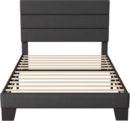 Allewie Twin Size Platform Bed Frame with Fabric Upholstered Headboard and Wooden Slats Support, Fully Upholstered Mattress Foundation/No Box Spring Needed/Easy Assembly, Dark Grey