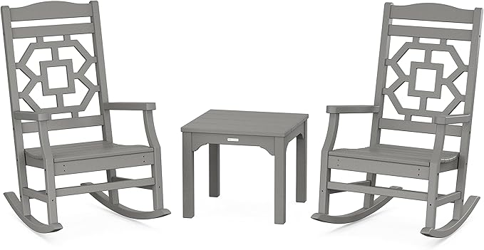 Martha Stewart by POLYWOOD Chinoiserie 3-Piece Outdoor Rocking Chair Set with Patio Side Table, Slate Grey, HDPE All-Weather Furniture, Classic Porch Rockers for Deck, Garden & Backyard, Made in USA