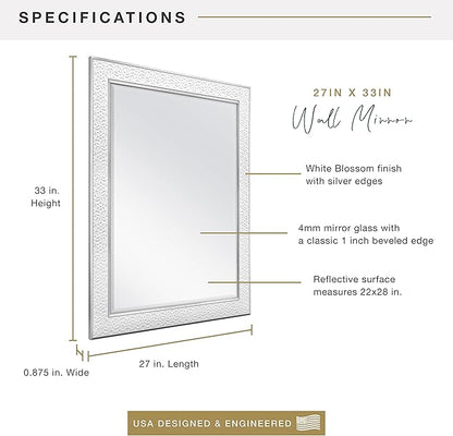 MCS Nordic Blossom Large Wall Mirror, Modern Rectangle Mirror Home Decor for Living Room, Bedroom, or Bathroom, 27 by 33 Inch, White
