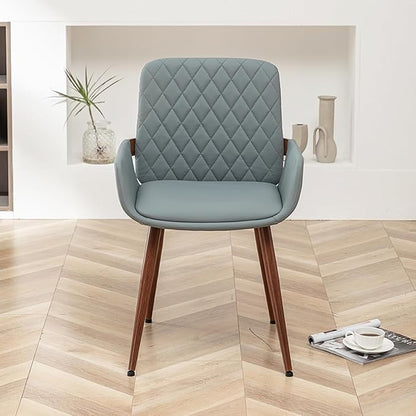 LUNLING Mid Century Modern Faux Leather Dining Room Chairs,Upholstered Seat Metal Legs Chairs Blue Faux Leather Kitchen Chair Reception Room Chair,1PCS