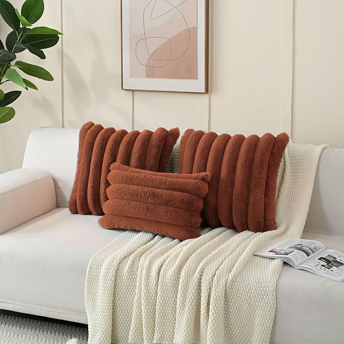 FUTEI Rust Decorative Throw Pillow Covers 26x26 Inch Set of 2, Square Soft Faux Rabbit Fur Big Striped Pillow Sham,Home Decor for Couch Sofa Bed Living Room