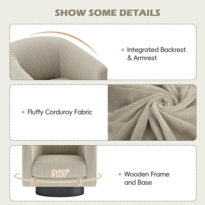 360° Swivel Accent Chairs, Modern Bucket Chair, Corduroy Barrel Armchair, Comfy Boucle Chair, Single Sofa for Living Room Bedroom. Camel