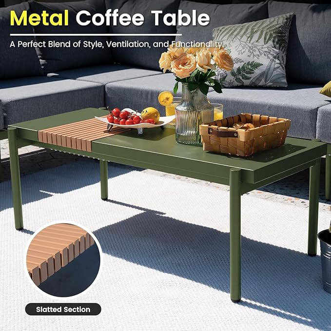 Sundale Outdoor 3 Pieces Patio Furniture Set, Metal Outdoor Sectional Sofa with 6 Inch Olefin Cushion and Coffee Table, All-Weather Modern Outdoor Conversation Sets (Green Frame)