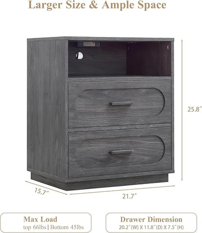 Night Stand Set of 2 with Charging Station, 25.8" Tall Wide Wood End Table with 2 Storage Drawers and Open Shelf, Mid Century Modern Bedside Table for Bedroom, Living Room, Gray