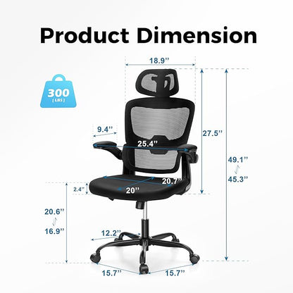 MAISON ARTS Ergonomic Office Chair, Breathable Mesh Computer Chair with Lumbar Support and Flip up Armrests, Black High Back Office Chair Executive Desk Chair with Wheels for Home Office