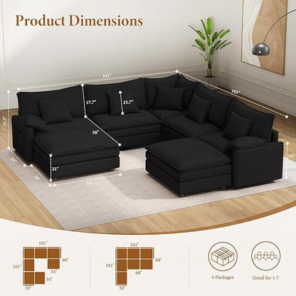Vesgantti 108" V-Shaped Corner Couch Sectional, 7 Seat Customizable Modular Cloud Couches with Movable Ottoman, Corduroy Deep Seat Sofa Set with Chaise for Living Room, Bedroom and Apartment, Black