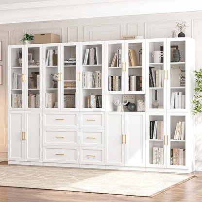 VOWNER Bookcase with Glass Doors & Drawers, 5 Tier Bookshelf with Adjustable Shelf, Modern Large Storage Display Cabinet Set for Home Office, Living Room, White (BDDB)