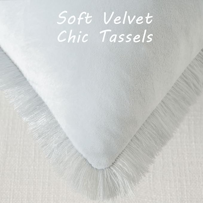 FUTEI Light Blue Velvet Decorative Throw Pillow Covers 20x20 Set of 2,Soft Cozy Edge with Tassels Cushion Case,Boho Modern Home Decor for Couch Bed Living Room