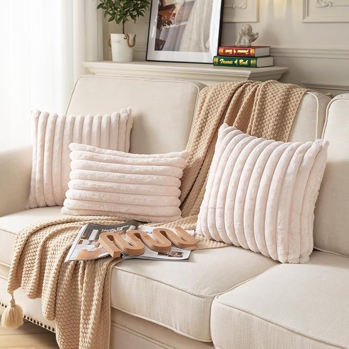 DEELAND Pack of 2,Double-Sided Faux Fur Plush Decorative Throw Pillow Covers Fuzzy Striped Soft Pillowcase Cushion Covers for Sofa Couch Bedroom Beige 24x24 inch