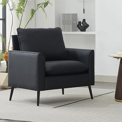 YISHENG Mid-Century Modern Living Room Accent Chairs Set of 2 - Oversized Faux Leather Armchairs with Removable Cushions & Metal Legs, Comfortable Sofas for Office/Lounge/Bedroom/Reception,（Black）