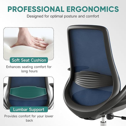 Ergonomic Mesh Office Chair, 330LBS Executive Desk Chair with Lumbar Support, 2D Armrests, Comfy Swivel Computer Task Chairs for Long Hours (Blue)