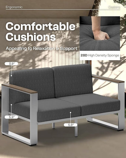 Aluminum Outdoor Furniture Set, 4 Seats Outdoor Patio Conversation Sets with Ergonomic Seat and Wide Washable Thick Cushions, Modern Patio Sectional Furniture for Balcony, Porch (Charocal)