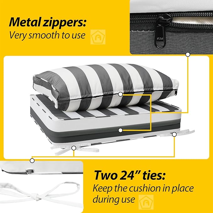 AAAAAcessories Outdoor Deep Seat Cushions, Waterproof, Fade-Resistant Patio Furniture Replacement Cushions, 25.5" x 25.5" x 5" + 25.5" x 13.5", Set of 2, Gray Cabana Stripe