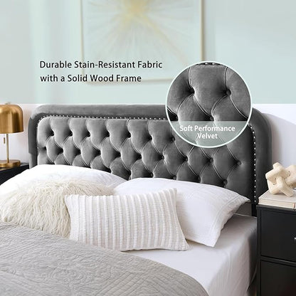 Tufted Upholstered Headboard,Button Solid Wood HeadBoards with Adjustable Height,Modern Performance Velvet Bed Head Boards,Easy Install&Nailhead (Gray, Twin)