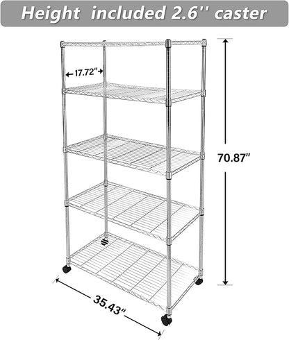 Simple Deluxe Heavy Duty 5-Shelf Storage Shelves, 1750Lb Loading Capacity, 35.43" W x 17.72" D x 70.87" H Adjustable Shelving Unit with Wheels, Chrome