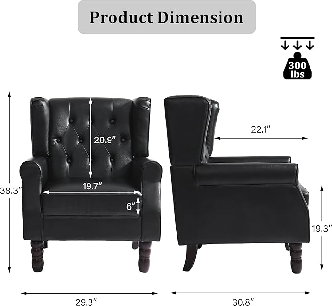 High Back Accent Chairs Set of 2, Faux Leather Wingback Chair for Living Room, Button-Tufted Upholstered Armchair with Solid Wood Legs, Comfy Single Sofa Reading Chair for Bedroom, Black