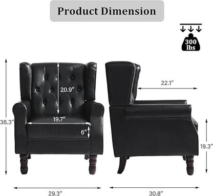 High Back Accent Chairs Set of 2, Faux Leather Wingback Chair for Living Room, Button-Tufted Upholstered Armchair with Solid Wood Legs, Comfy Single Sofa Reading Chair for Bedroom, Black