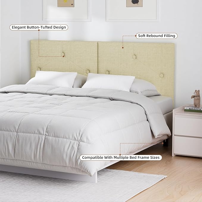 Modern Queen Headboard, Upholstered Linen Fabric Bed Headboard with Solid Wood & Sturdy Metal Legs, Tufted Adjustable Height Headboards in Button Design, Linen