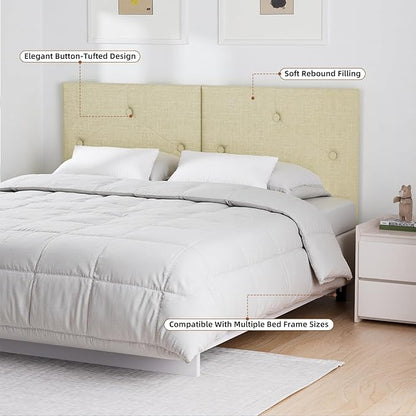 Modern Queen Headboard, Upholstered Linen Fabric Bed Headboard with Solid Wood & Sturdy Metal Legs, Tufted Adjustable Height Headboards in Button Design, Linen
