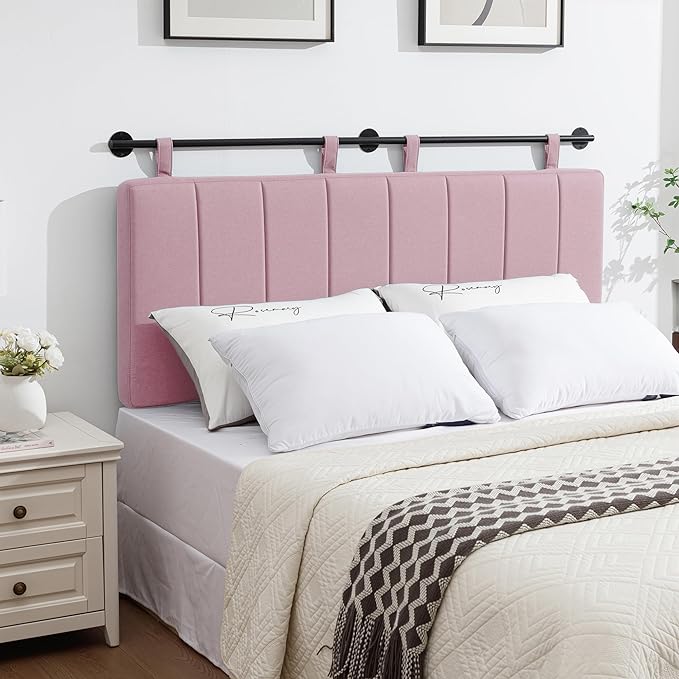 UEV King Headboard Only, Wall Mounted Hanging Upholstered Bed Head Board, Modern Vertical Channel Design of Fine Linen, Elegant Pink Fluted Headboard for Bedroom (Pink, King Size)