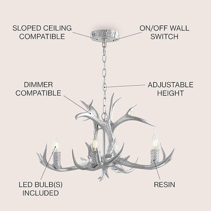 JONATHAN Y JYL6301C Eldora 26" Adjustable Resin Antler 4-Light LED Chandelier, Glam, Rustic,Cottage,Transitional, Dimmable Dining Room, Living Room, Kitchen, Foyer, Bedroom, Silver